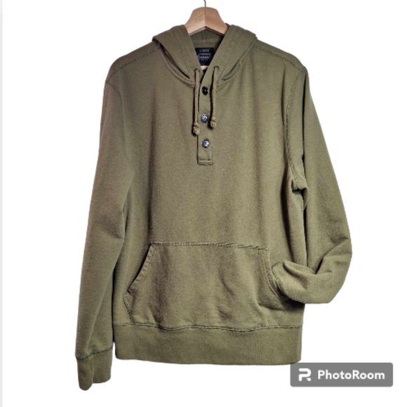 J. Crew  Hooded Fleece Lined Sweatshirt Olive Green Size Large - Picture 1 of 6